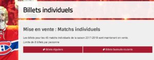 Achat de billets de hockey individuels pour un match des Canadiens de Montréal
