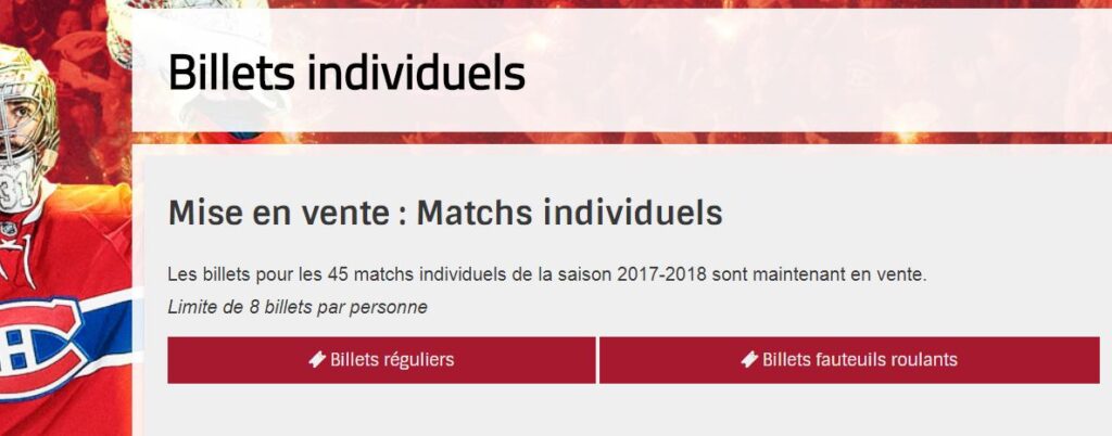 Achat de billets de hockey individuels pour un match des Canadiens de Montréal