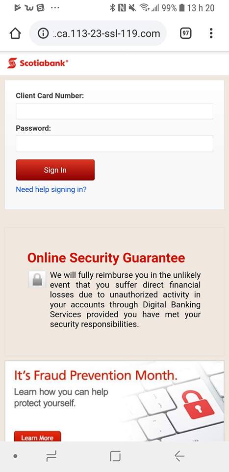 tentative de hameçonnage contre des clients de la Banque Scotia